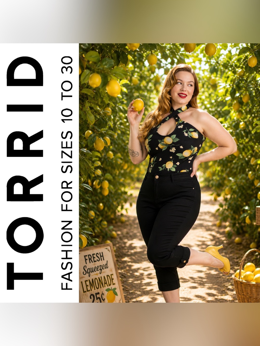 Torrid Black Lemon Print Retro Chic Foxy Twist-Neck Halter Top, Large, NWT!